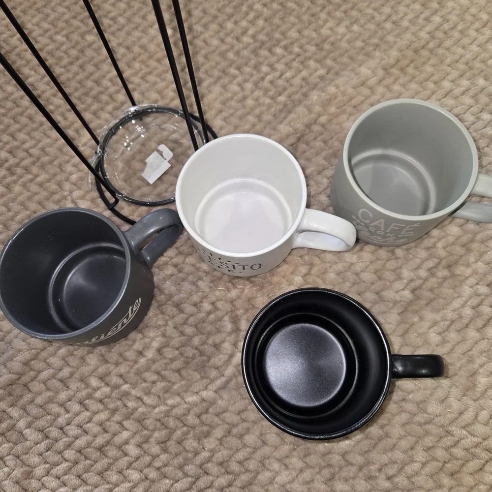 4 Stoneware Stackable Coffee Mug Set with Stand  Spanish Coffee Inspired Saying. - Picture 6 of 10